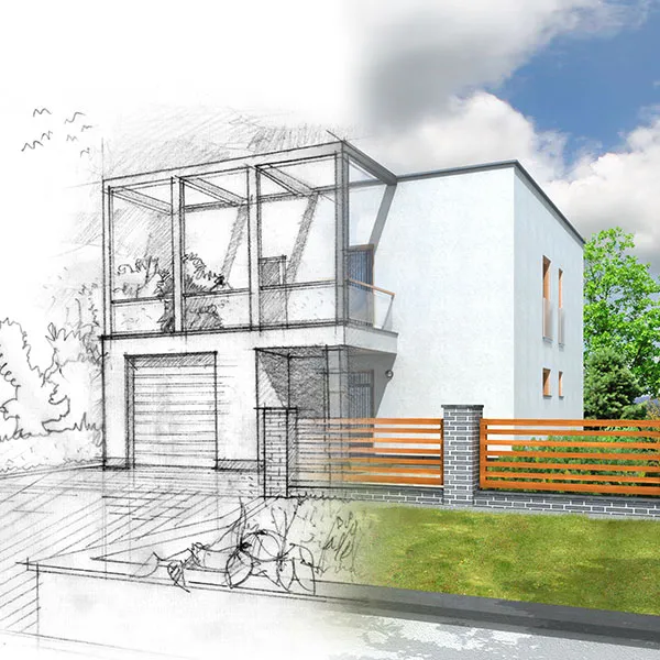 Moderne tilbygning med store vinduespartier og lyst træværk